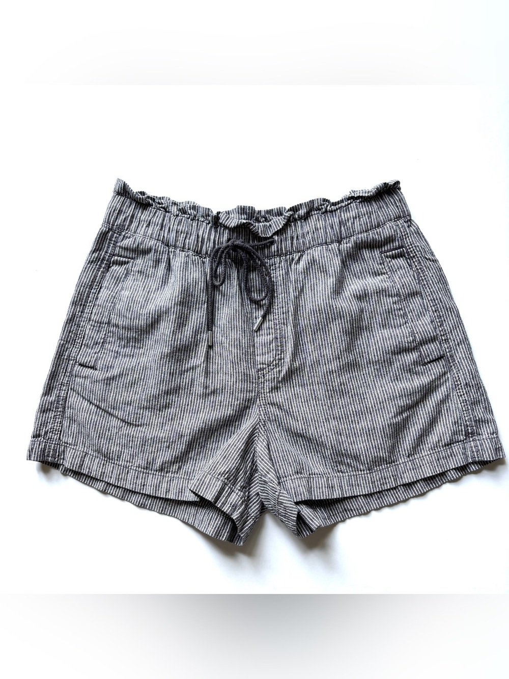 Striped Drawstring Linen-Blend Shorts - Black & White stripes loft high waist S